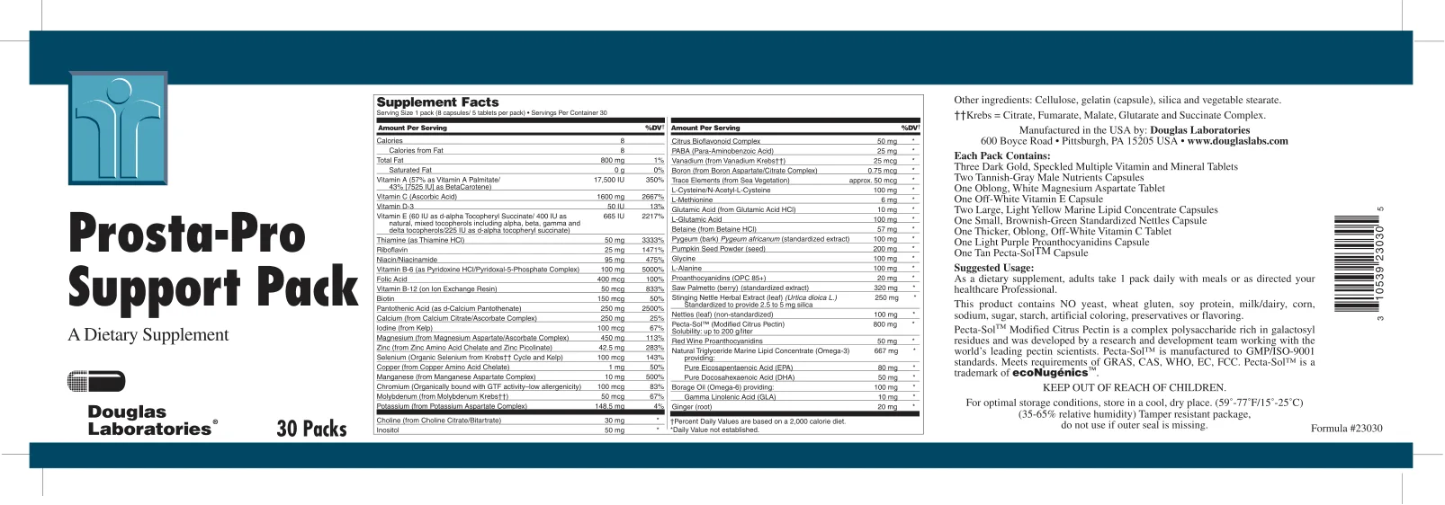 Label for Prosta-Pro Support Pack