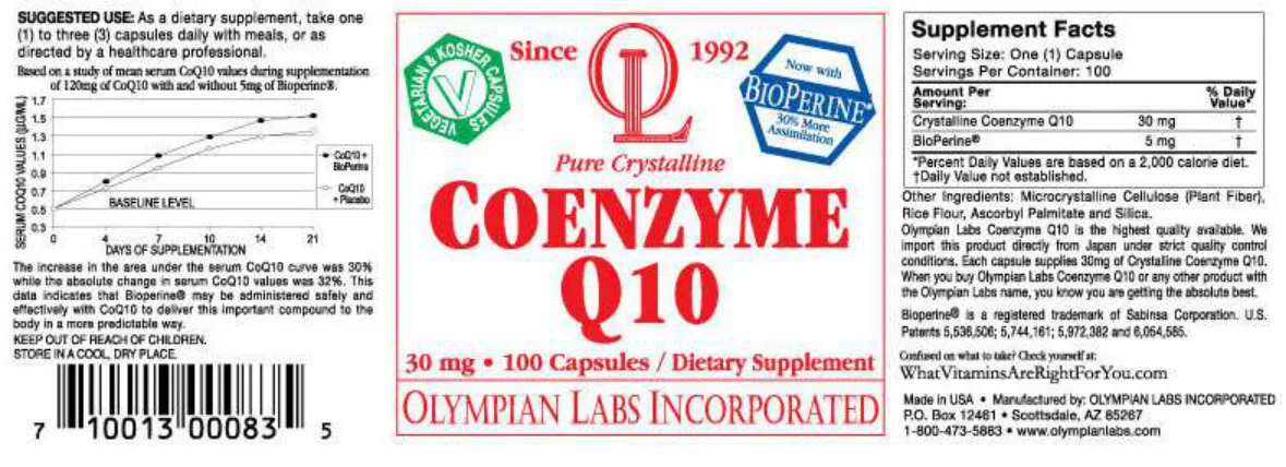 Label for Pure Crystalline Coenzyme Q10 30 mg