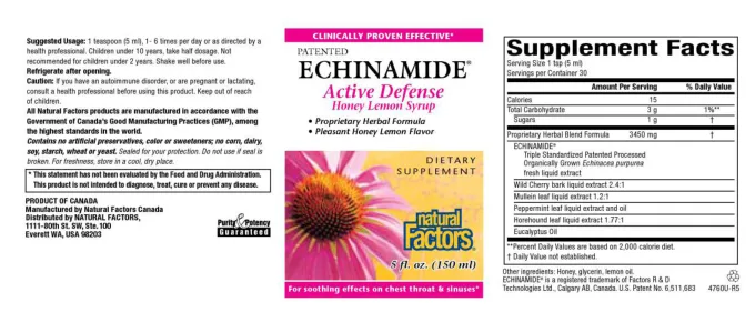 Label for Patented Echinamide Active Defense Honey Lemon Syrup