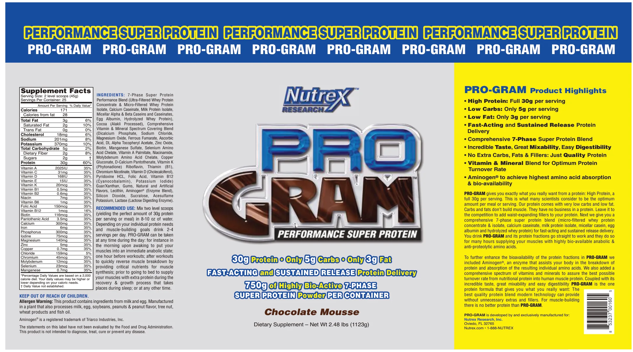 Label for Pro Gram Performance Super Protein Chocolate Mousse