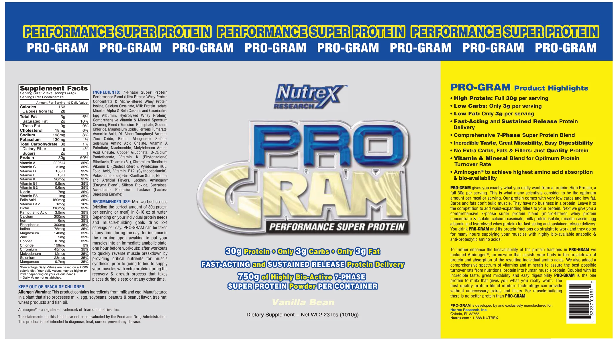 Label for Pro Gram Performance Super Protein Vanilla Bean