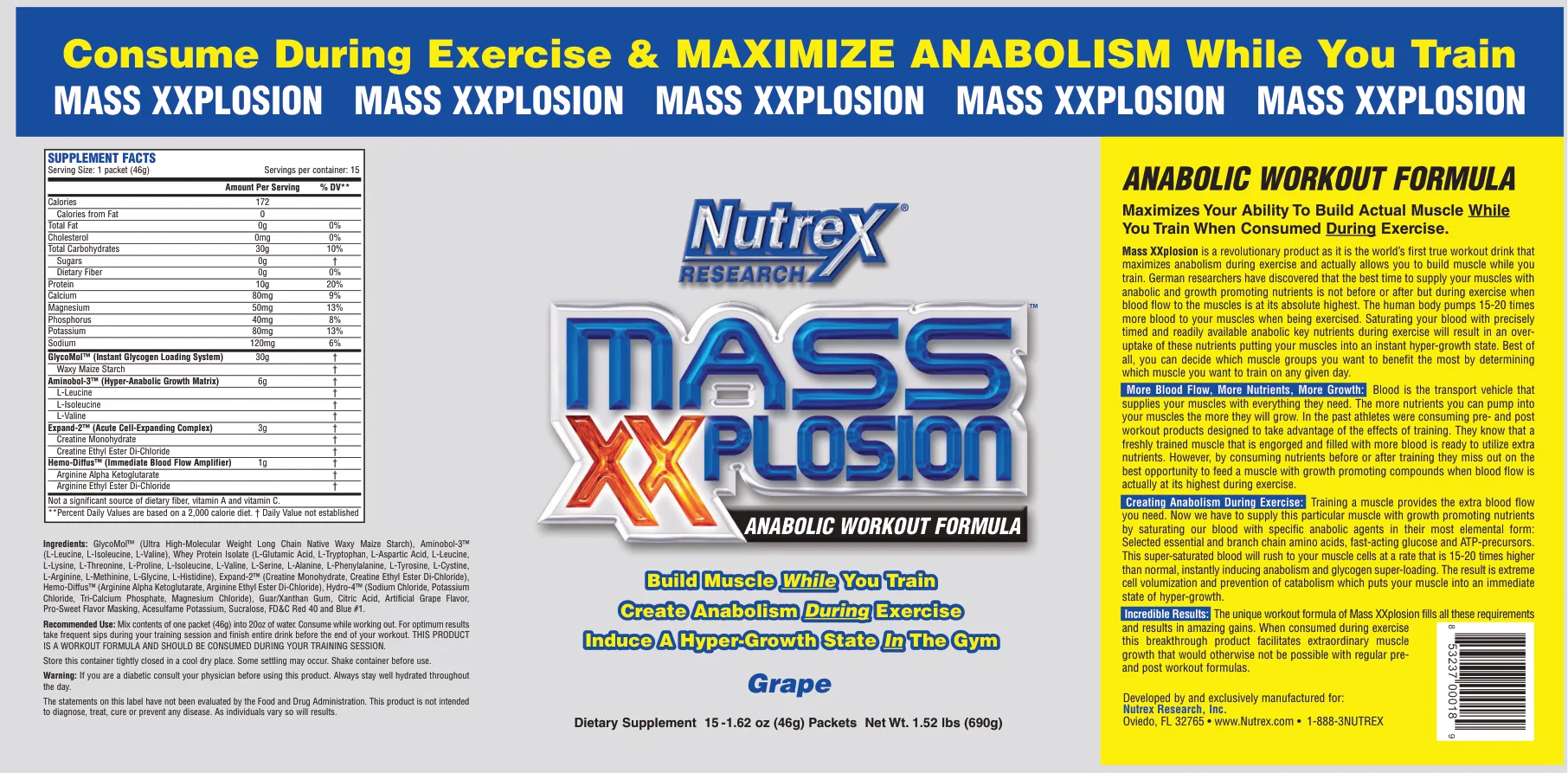 Label for Mass XXplosion Anabolic Workout Formula Grape