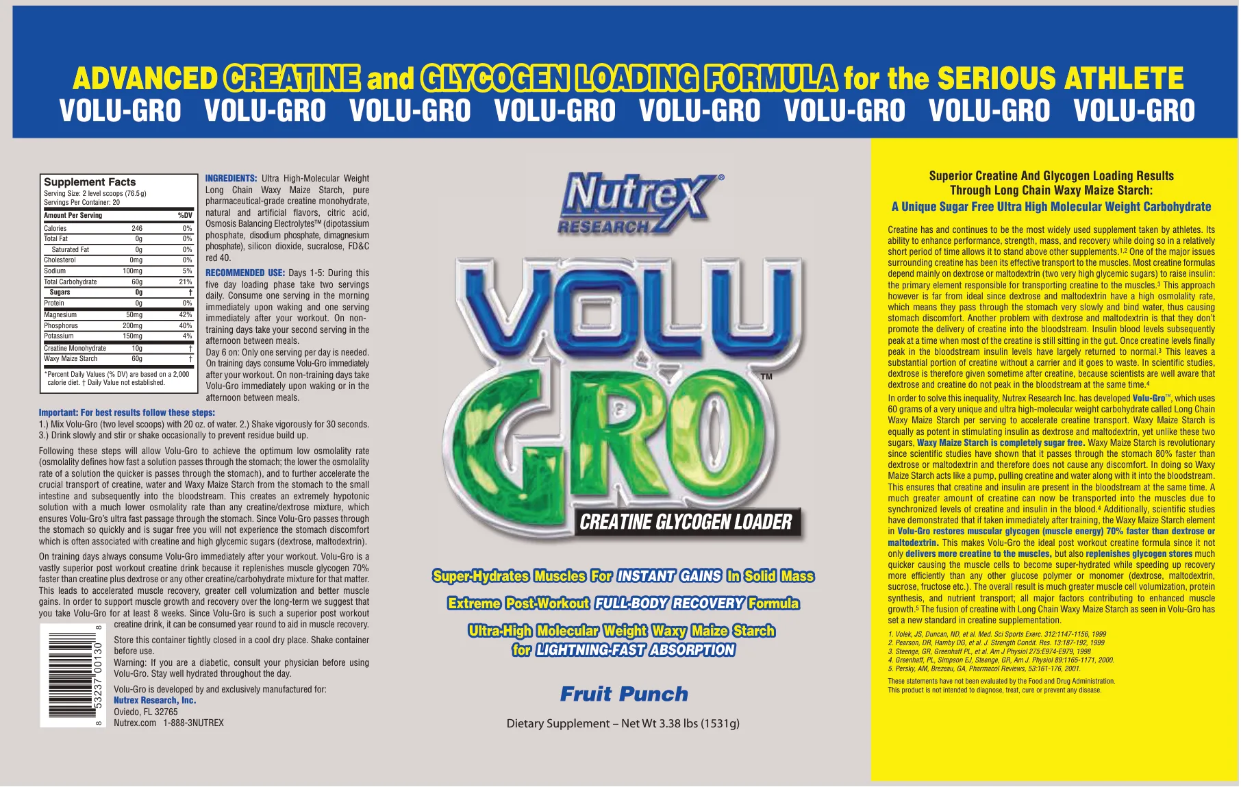 Label for Volu Gro Creatine Glycogen Loader Fruit Punch