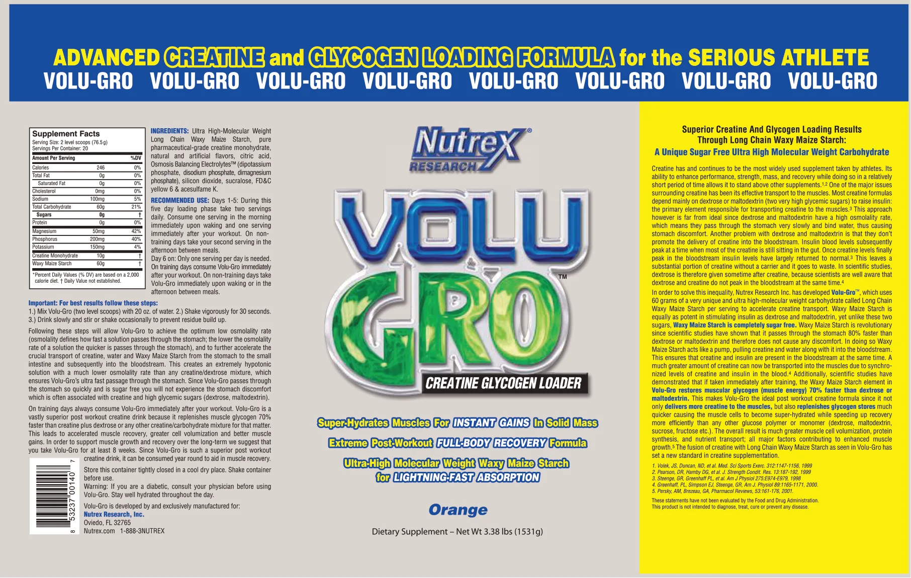 Label for Volu Gro Creatine Glucogen Loader Orange