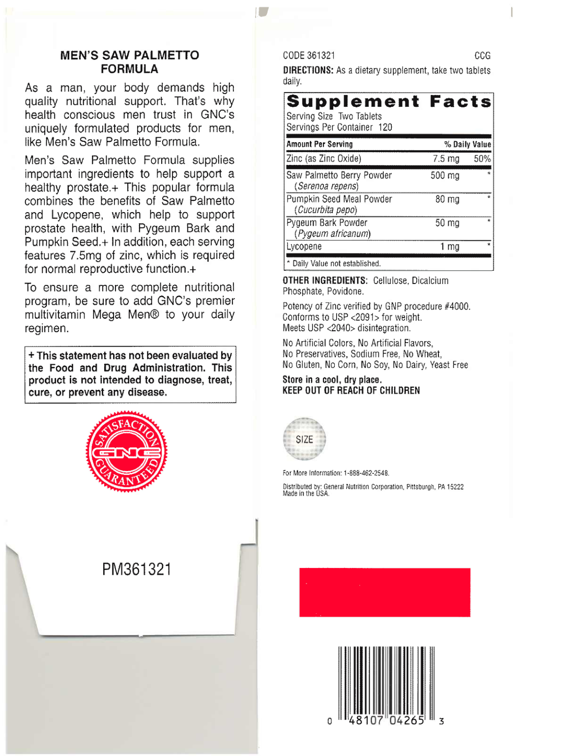 Label for Saw Palmetto Formula